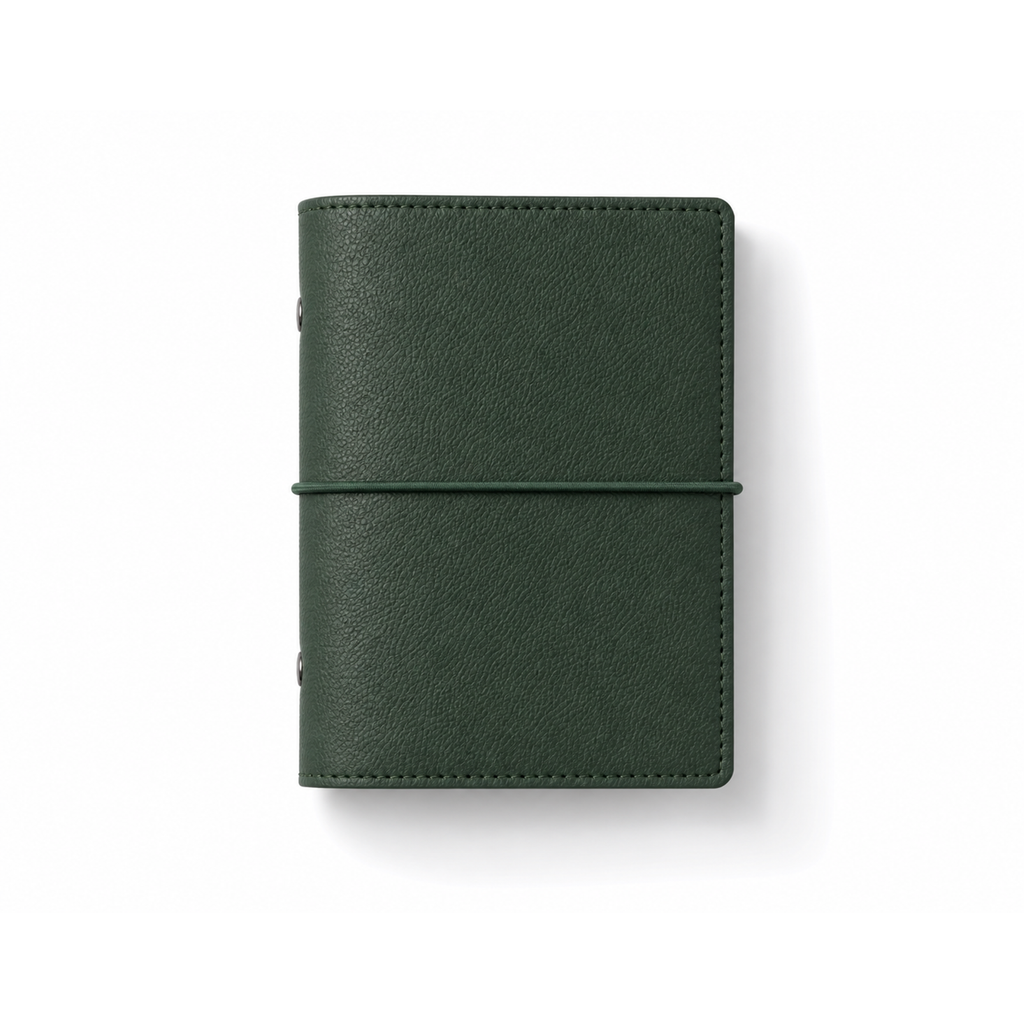 Soft Green A7 Pocket six-ring planner cover with elastic closure on a white background