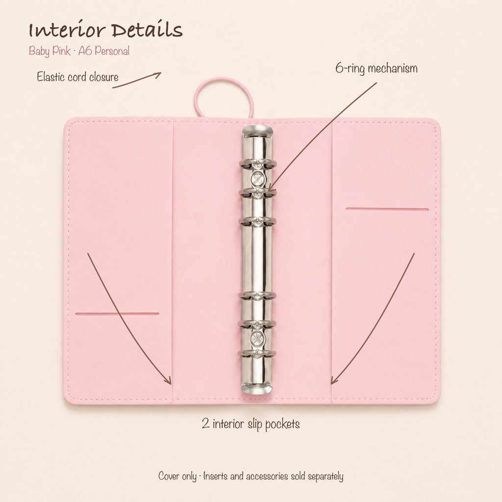 Baby Pink A6 Personal planner binder open interior with two slip pockets and 20 mm six-ring mechanism