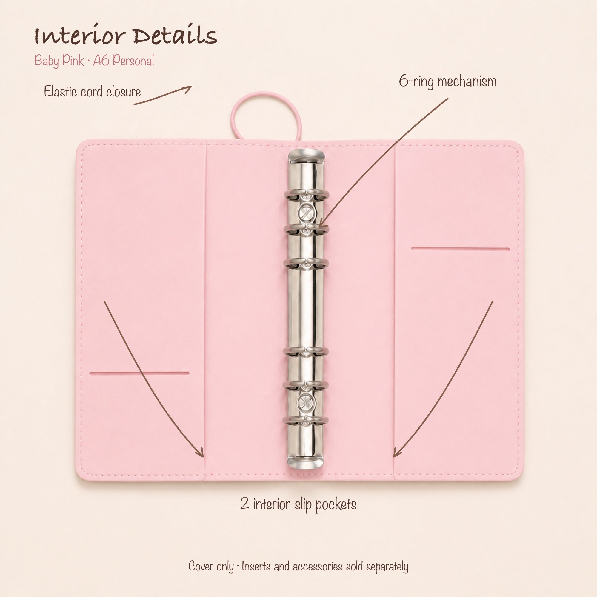 Baby Pink A6 Personal planner binder open interior with two slip pockets and 20 mm six-ring mechanism