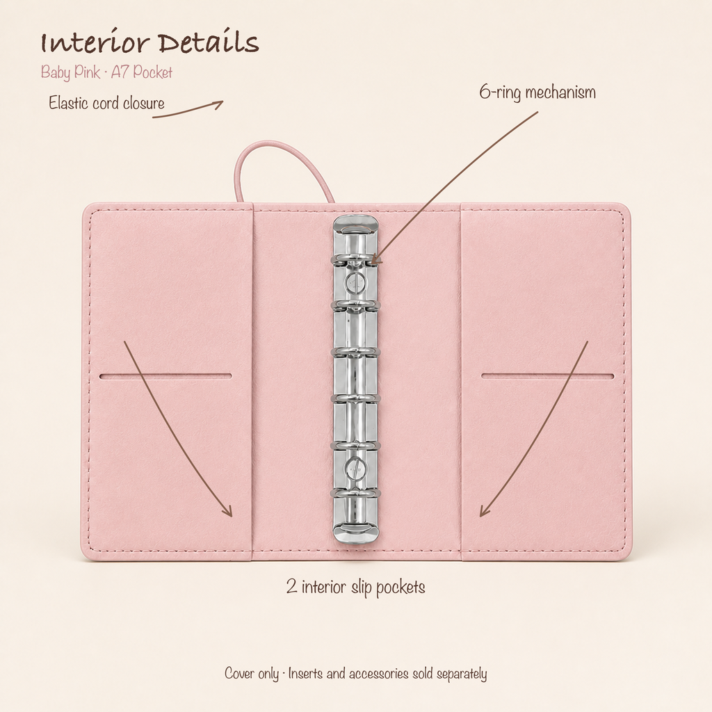 Baby Pink A7 Pocket planner cover open with silver six-ring mechanism, elastic closure, and two interior slip pockets