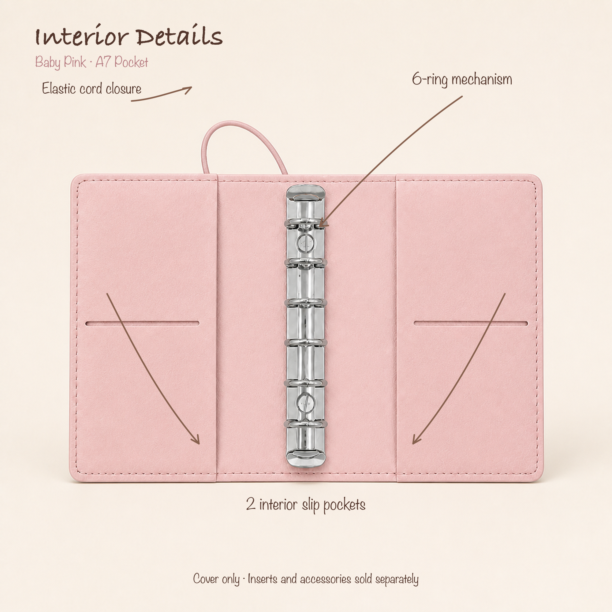 Baby Pink A7 Pocket planner cover open with silver six-ring mechanism, elastic closure, and two interior slip pockets