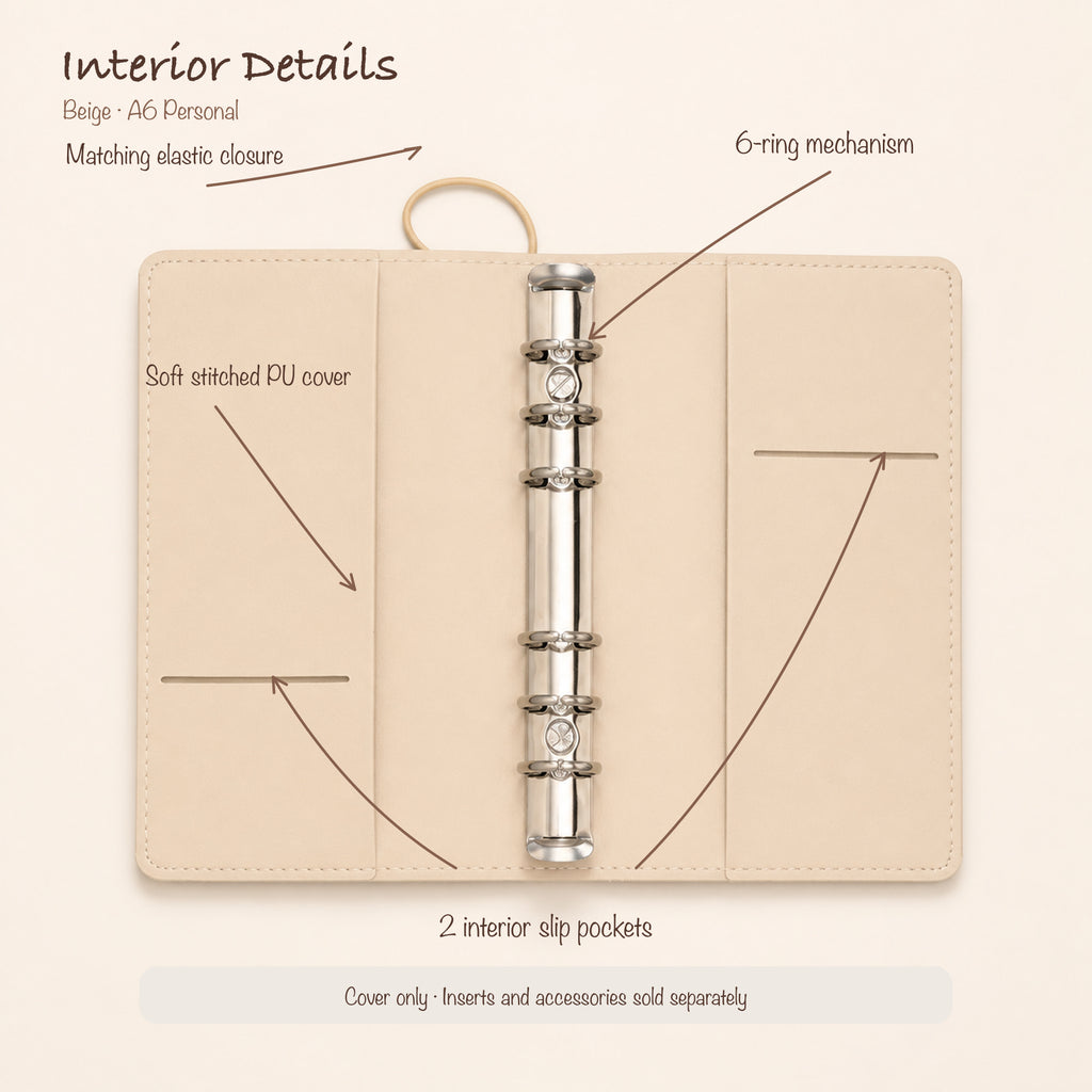 Beige A6 Personal planner binder open interior with two slip pockets and 20 mm six-ring mechanism
