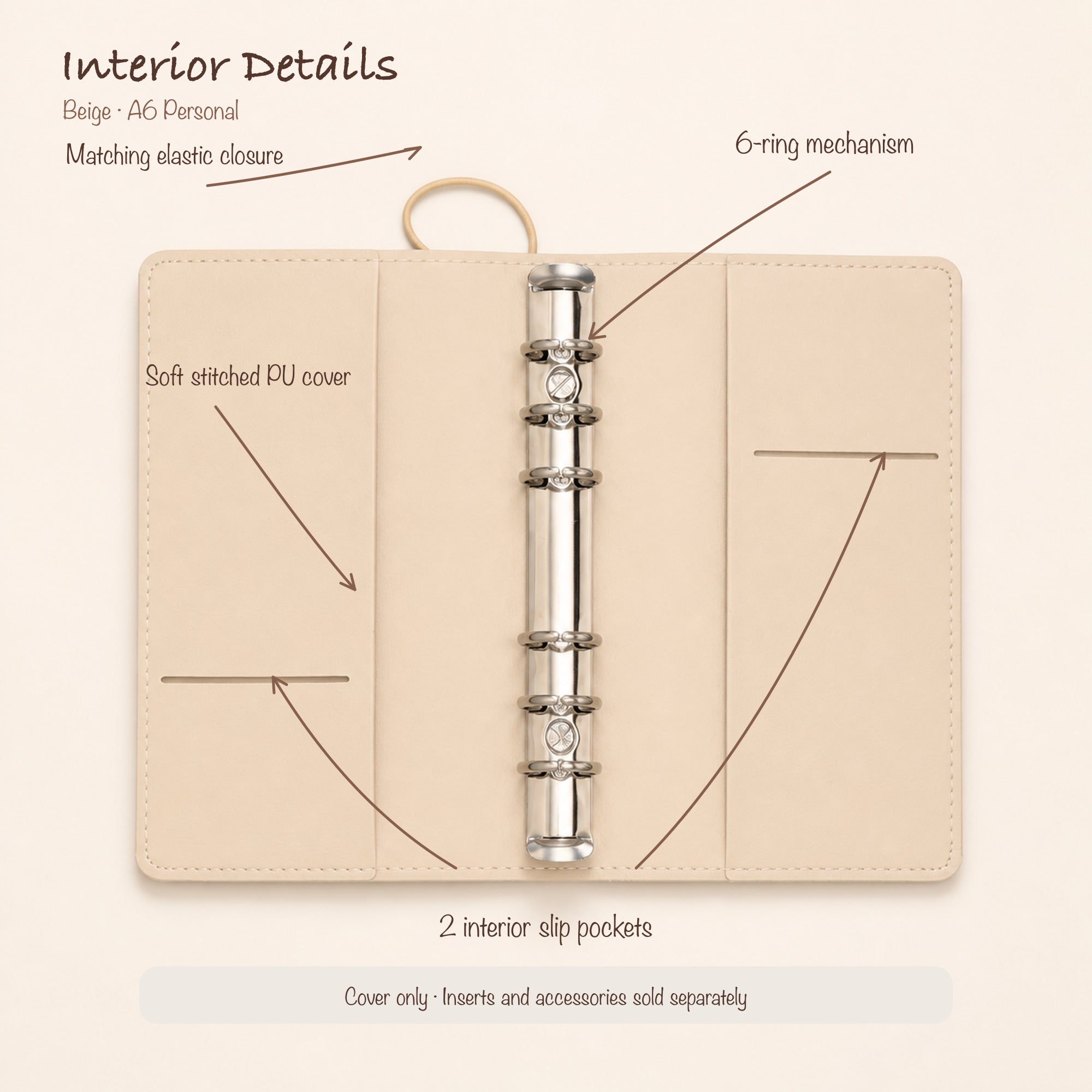 Beige A6 Personal planner binder open interior with two slip pockets and 20 mm six-ring mechanism