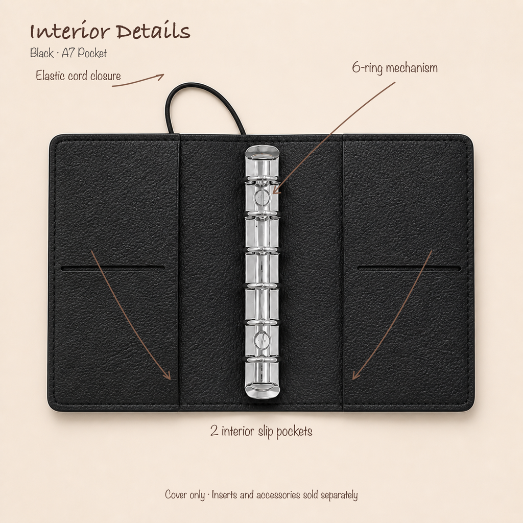Black A7 Pocket planner cover open with silver six-ring mechanism, elastic closure, and two interior slip pockets