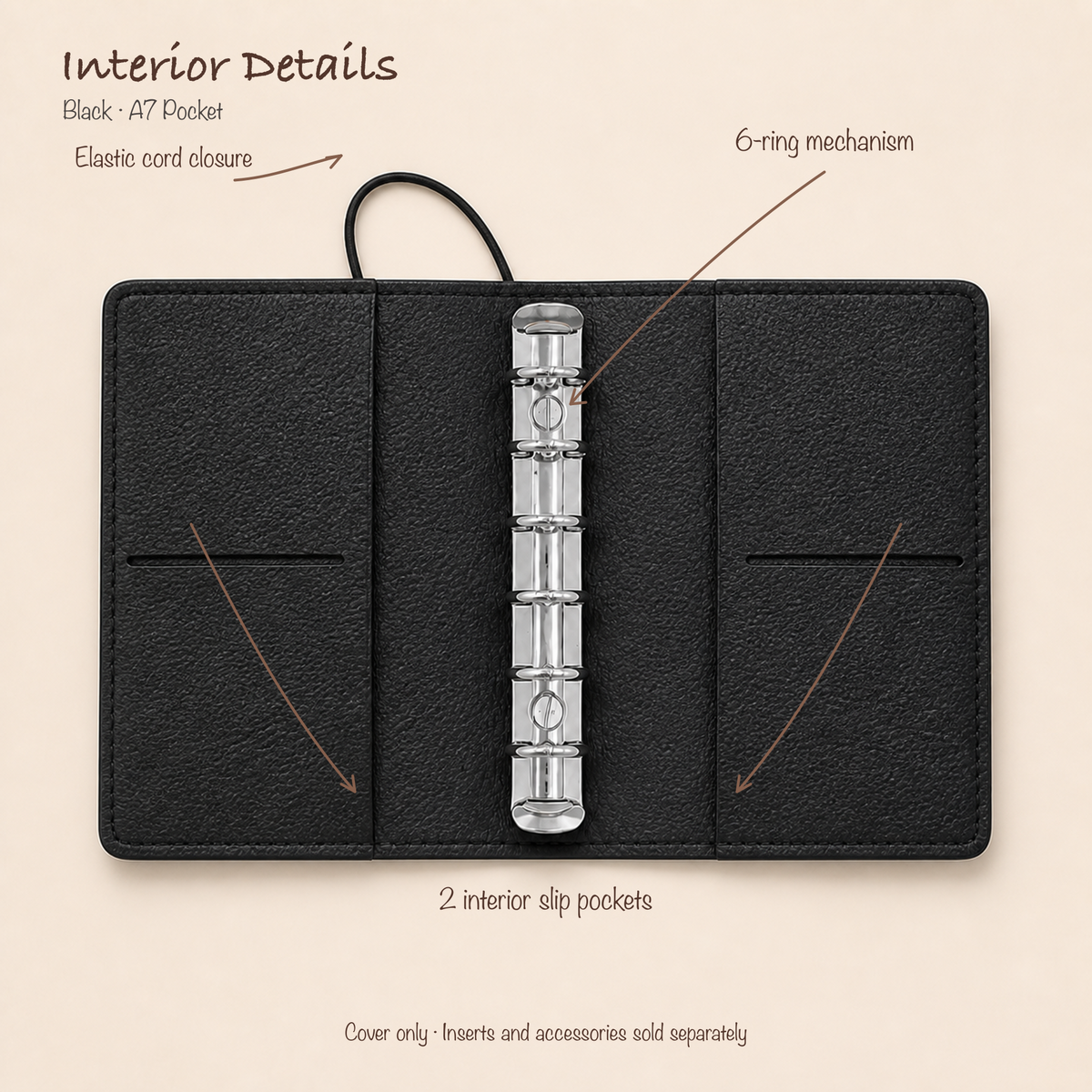 Black A7 Pocket planner cover open with silver six-ring mechanism, elastic closure, and two interior slip pockets