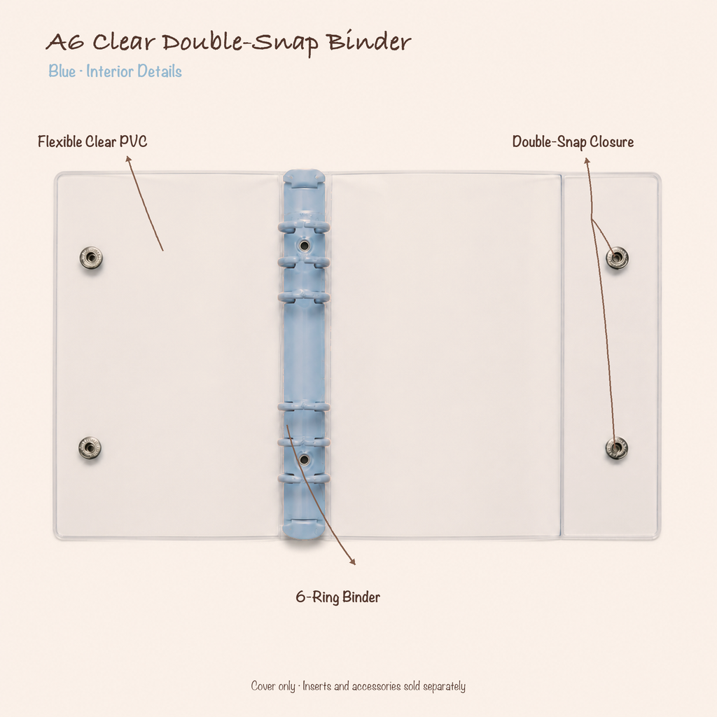 Opened Blue A6 clear PVC planner binder showing six-ring mechanism and double-snap closure