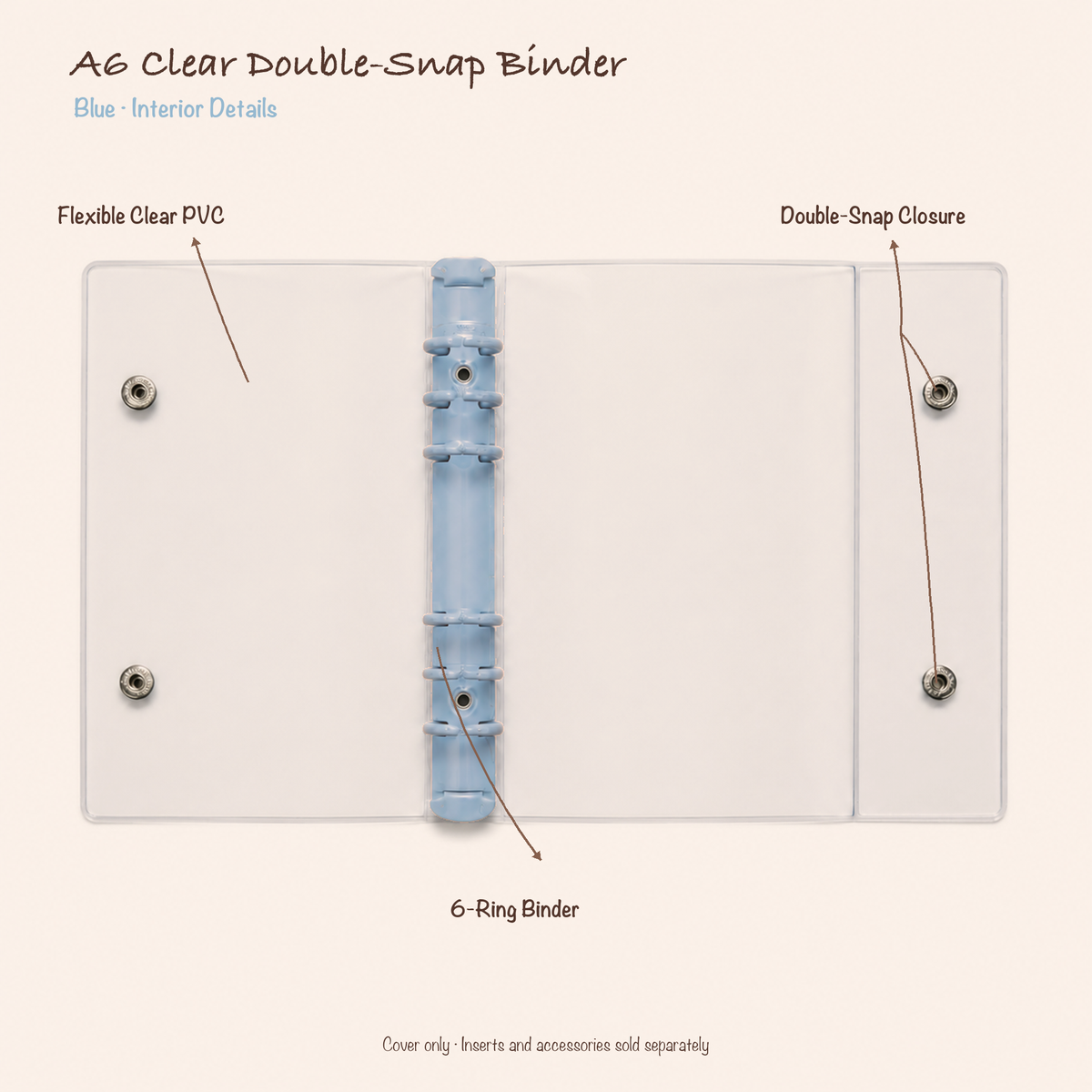 Opened Blue A6 clear PVC planner binder showing six-ring mechanism and double-snap closure
