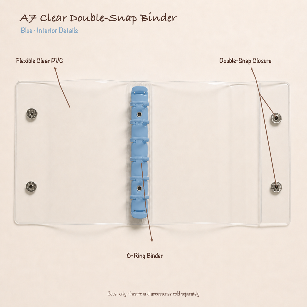 Opened Blue A7 clear PVC planner binder showing six-ring mechanism and double-snap closure