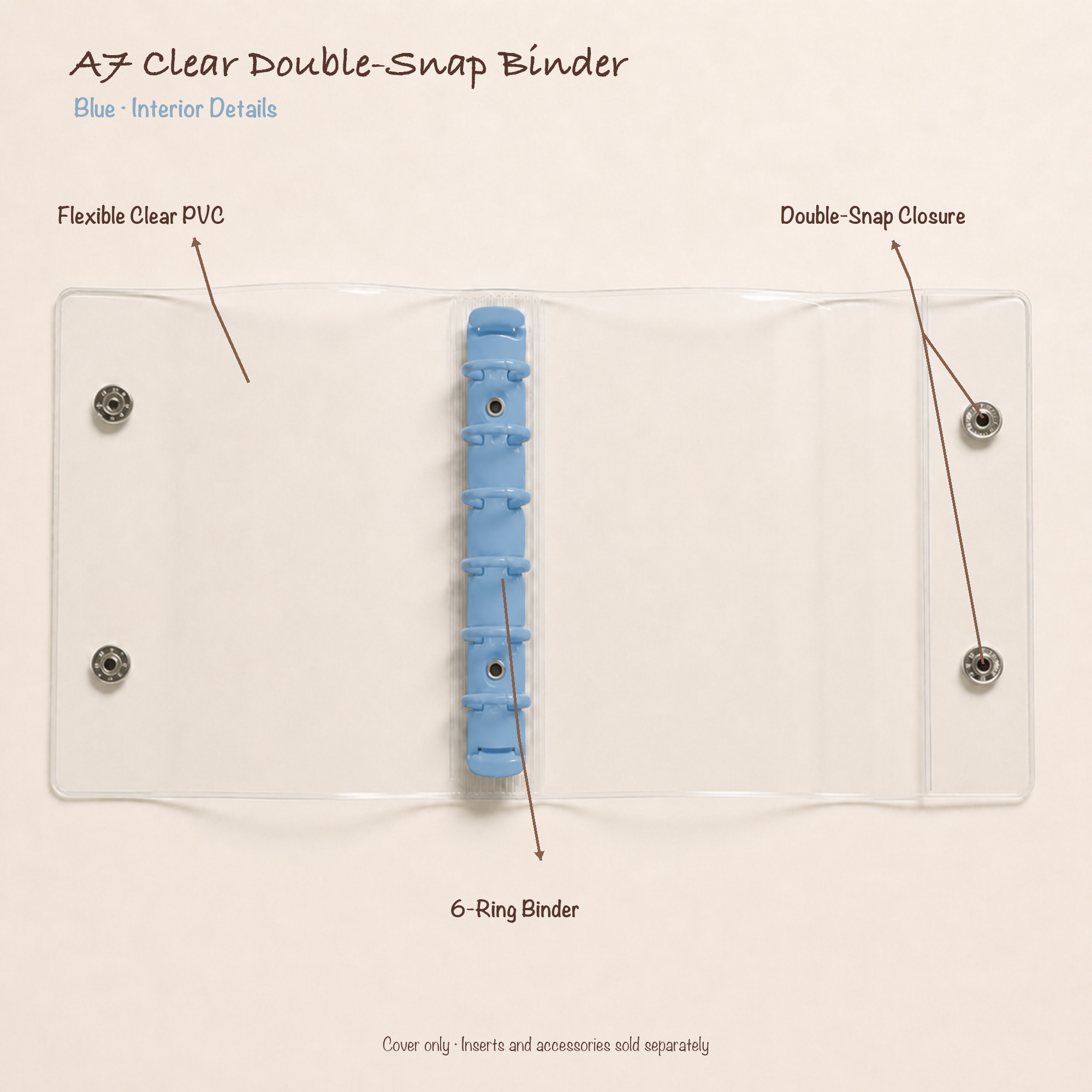 Opened Blue A7 clear PVC planner binder showing six-ring mechanism and double-snap closure