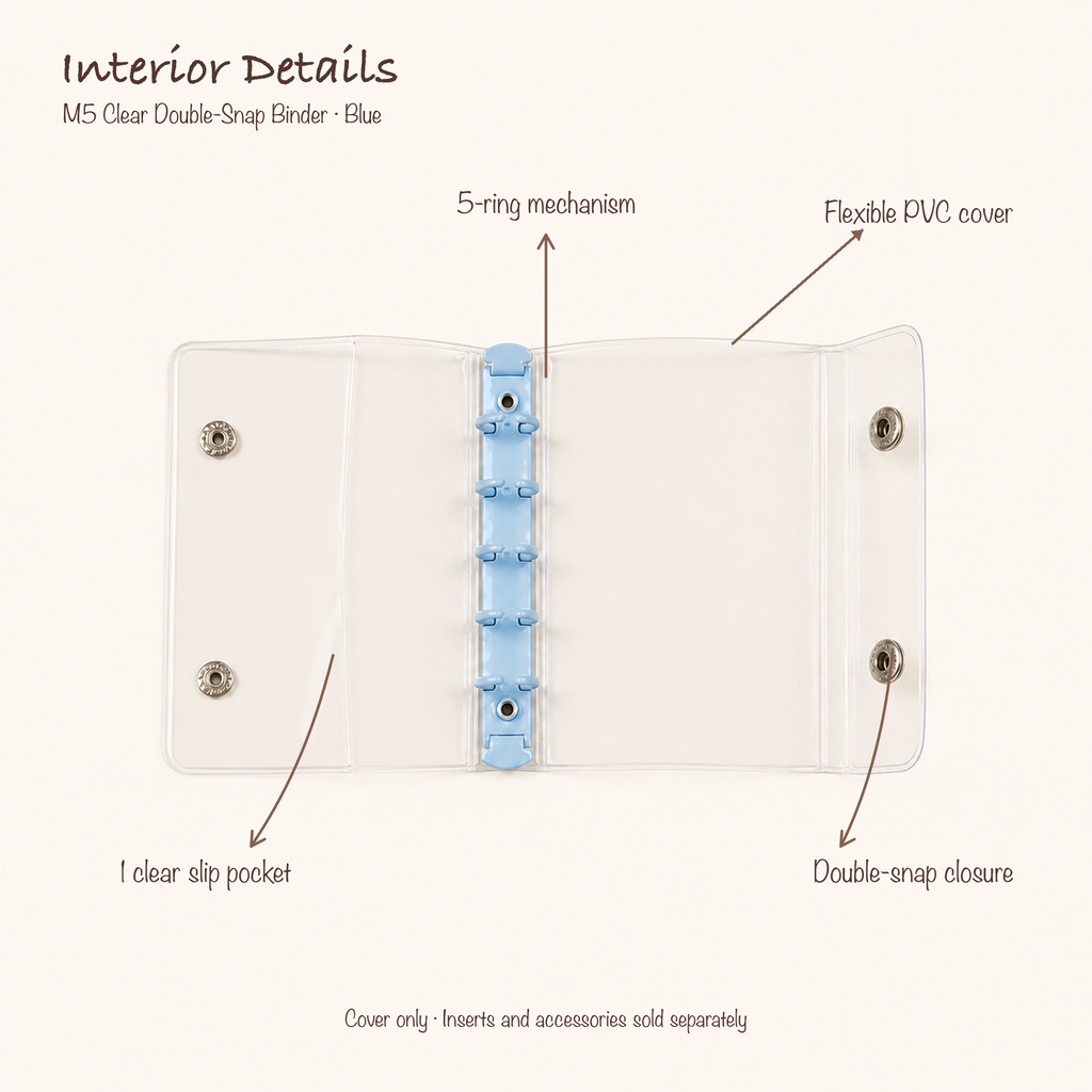 Opened Blue M5 clear PVC planner binder showing five-ring mechanism, slip pocket and double-snap closure