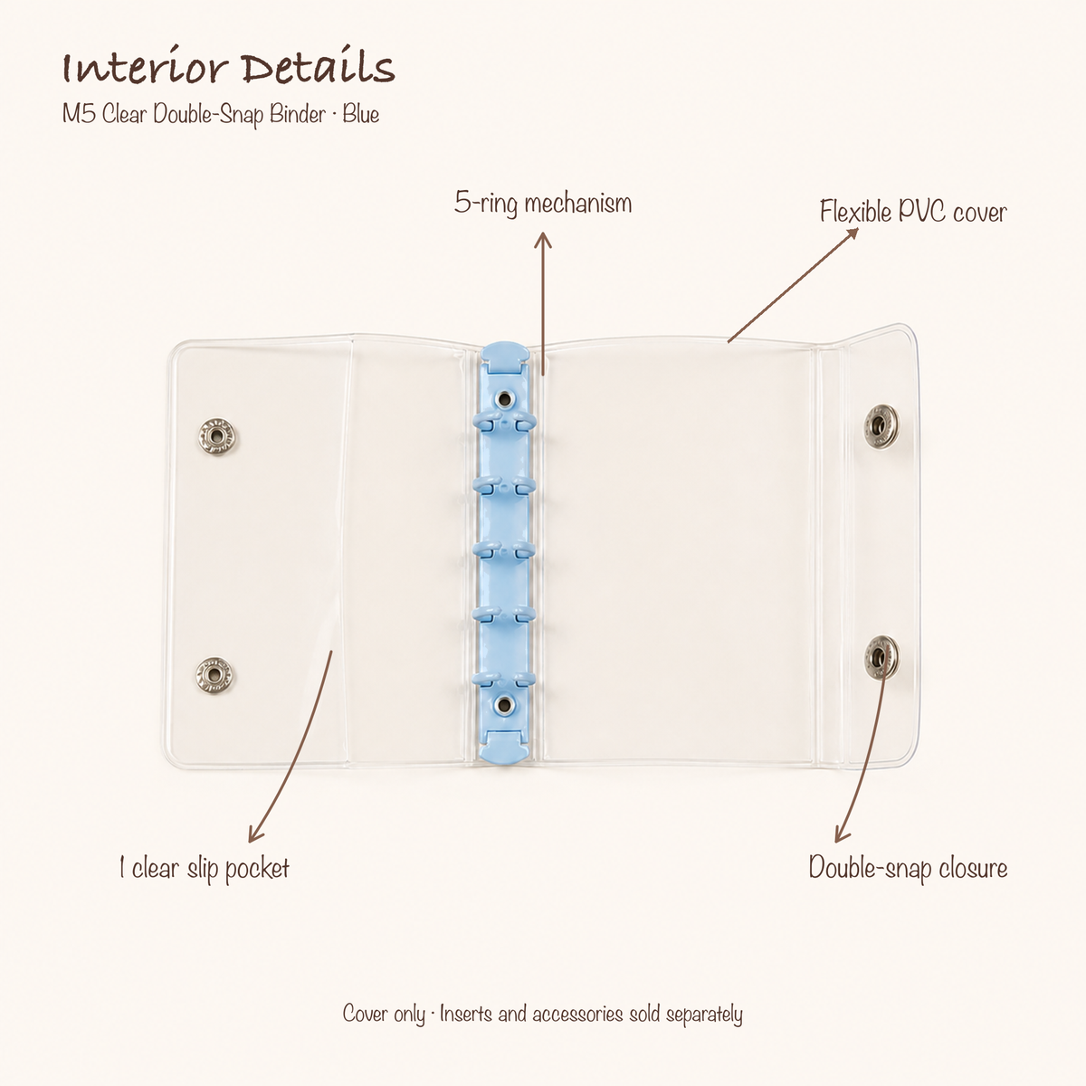 Opened Blue M5 clear PVC planner binder showing five-ring mechanism, slip pocket and double-snap closure