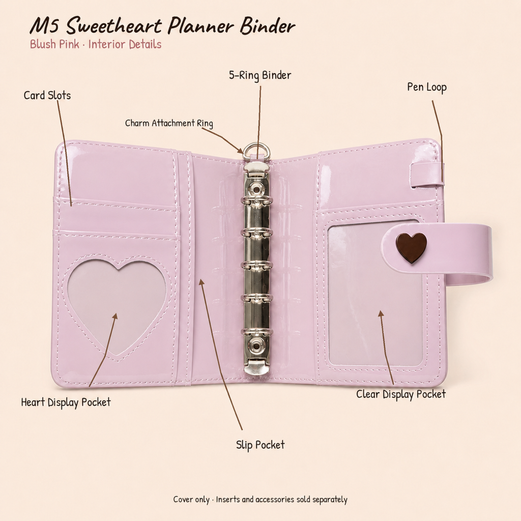 Blush pink M5 planner binder interior with six pockets, clear display windows and pen loop
