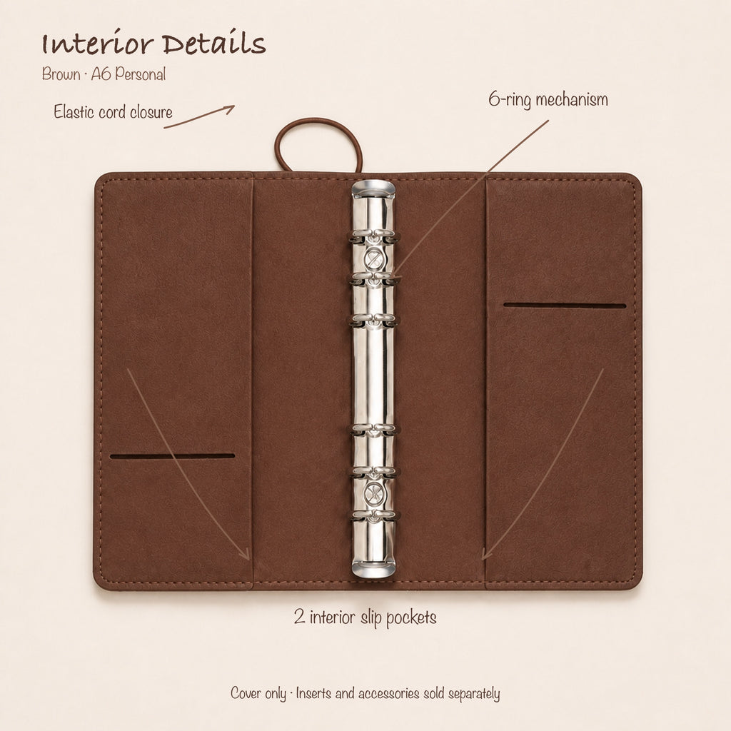 Brown A6 Personal planner binder open interior with two slip pockets and 20 mm six-ring mechanism