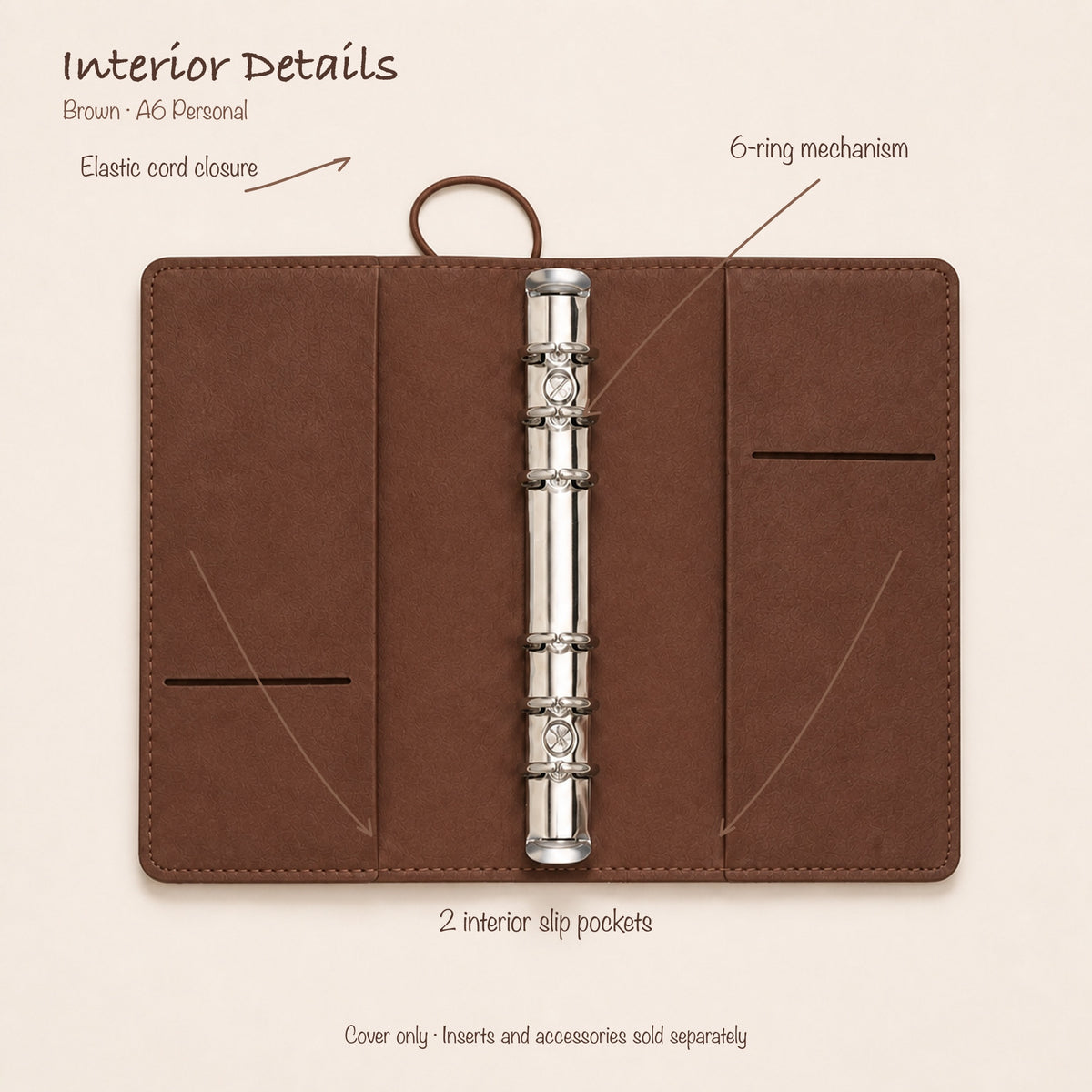 Brown A6 Personal planner binder open interior with two slip pockets and 20 mm six-ring mechanism