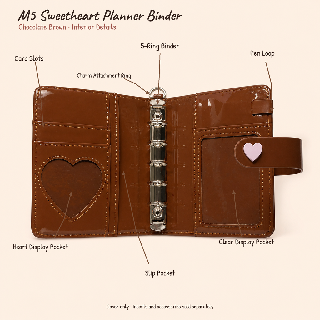 Chocolate brown M5 planner binder interior with six pockets, clear display windows and pen loop