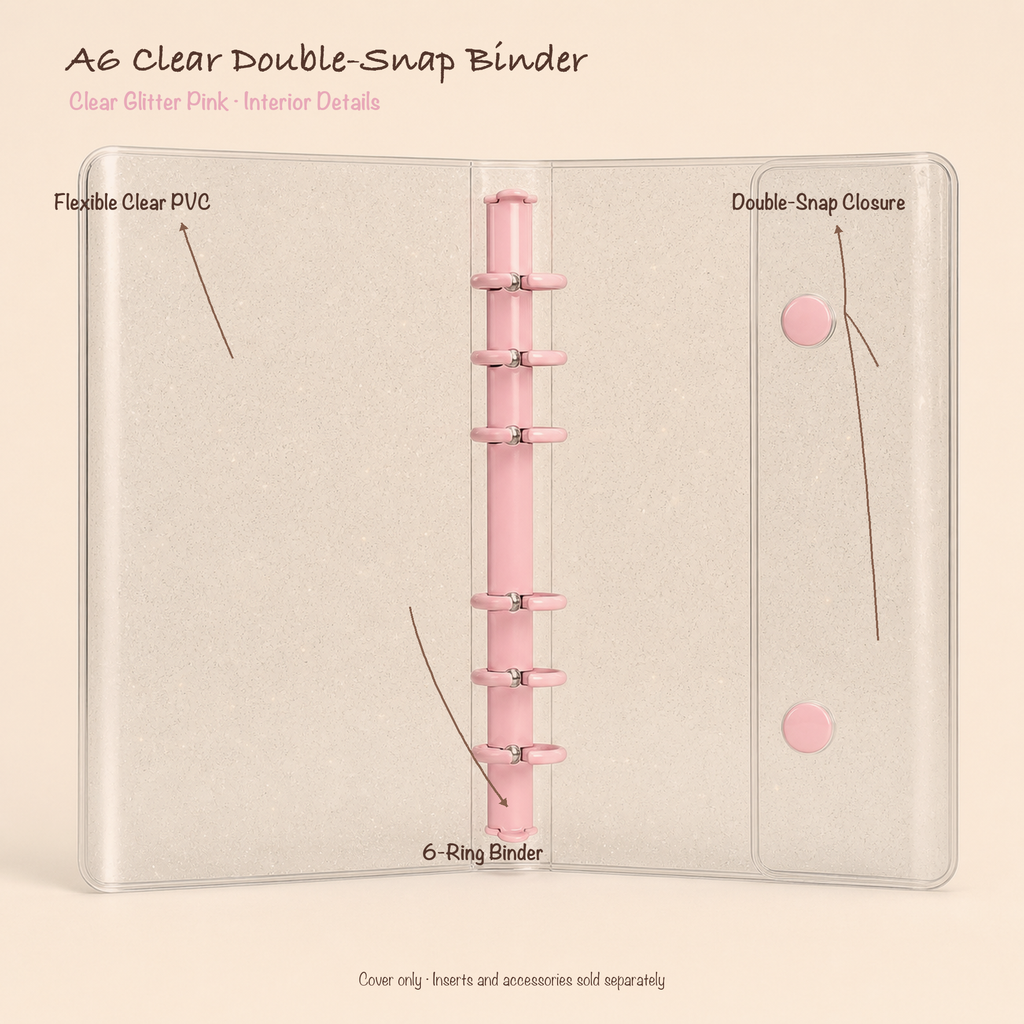 Opened Clear Glitter Pink A6 clear PVC planner binder showing six-ring mechanism and double-snap closure
