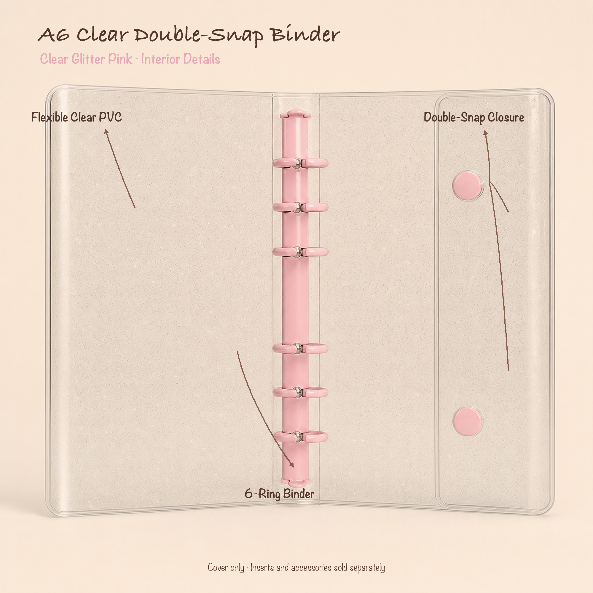 Opened Clear Glitter Pink A6 clear PVC planner binder showing six-ring mechanism and double-snap closure