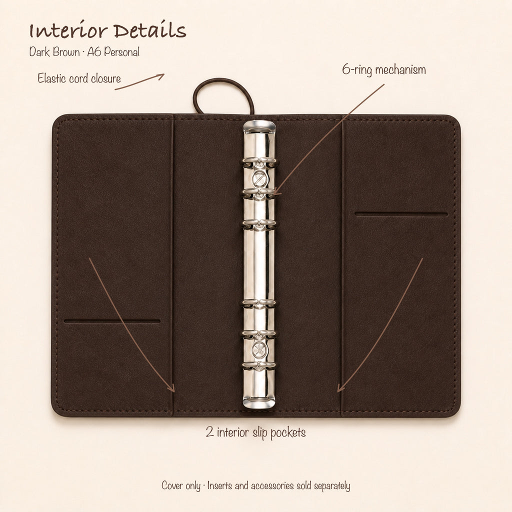 Dark Brown A6 Personal planner binder open interior with two slip pockets and 20 mm six-ring mechanism