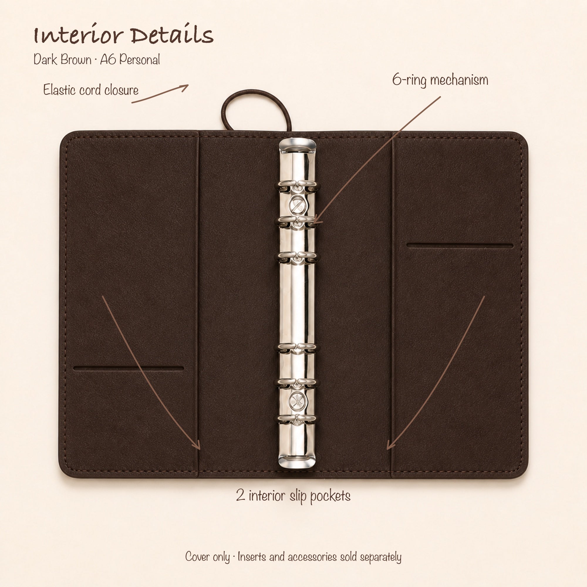 Dark Brown A6 Personal planner binder open interior with two slip pockets and 20 mm six-ring mechanism