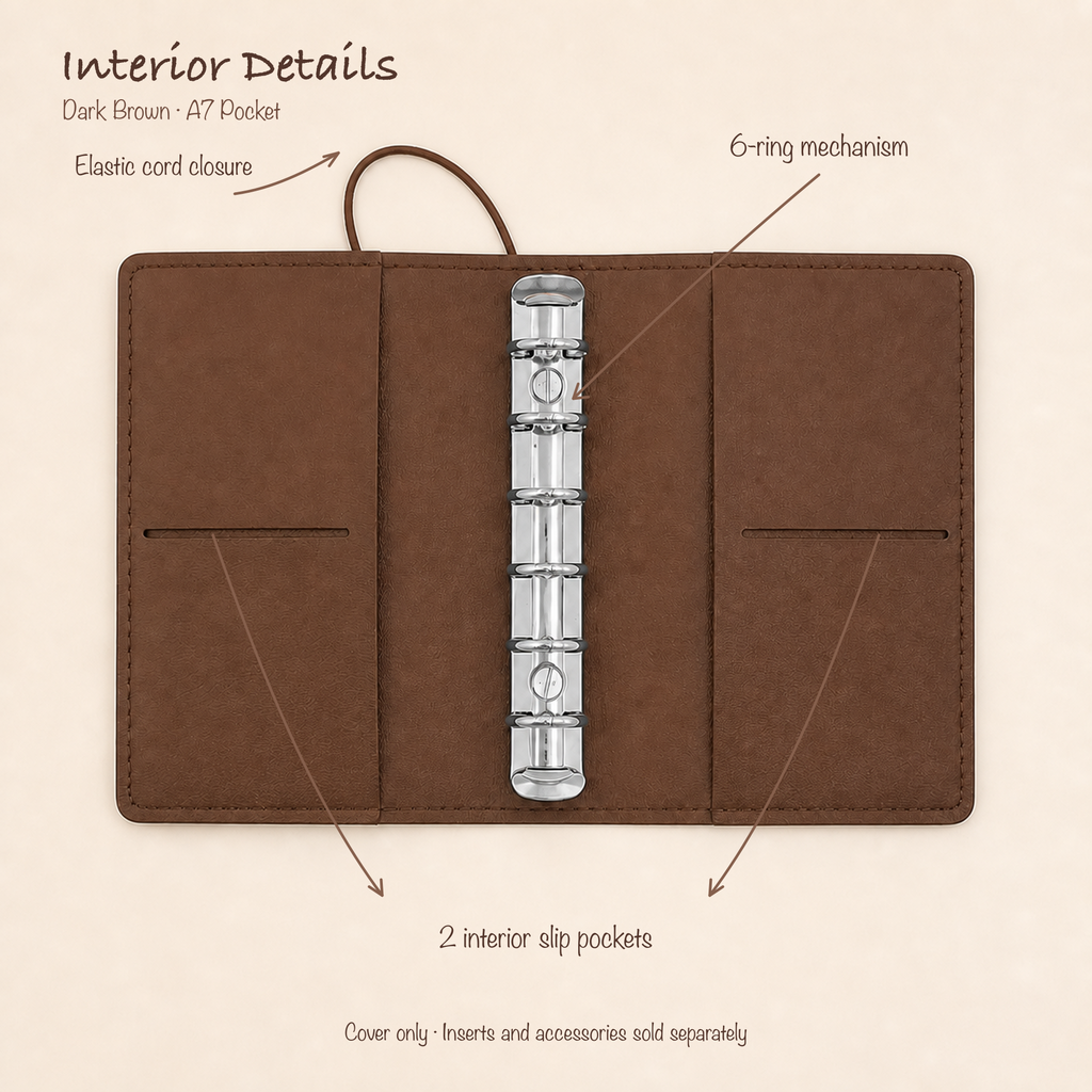 Dark Brown A7 Pocket planner cover open to show silver six-ring mechanism, elastic closure, and two interior slip pockets