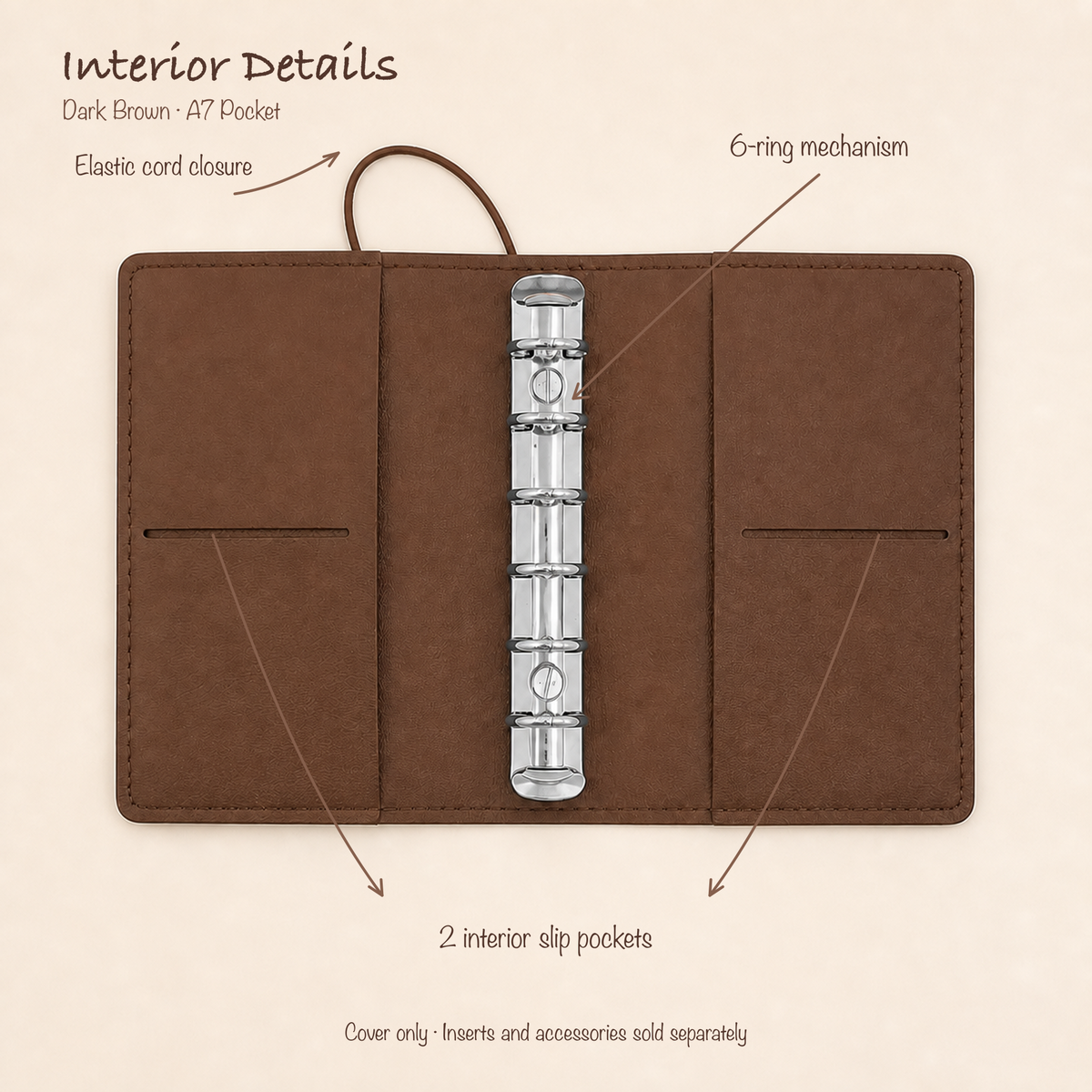 Dark Brown A7 Pocket planner cover open to show silver six-ring mechanism, elastic closure, and two interior slip pockets