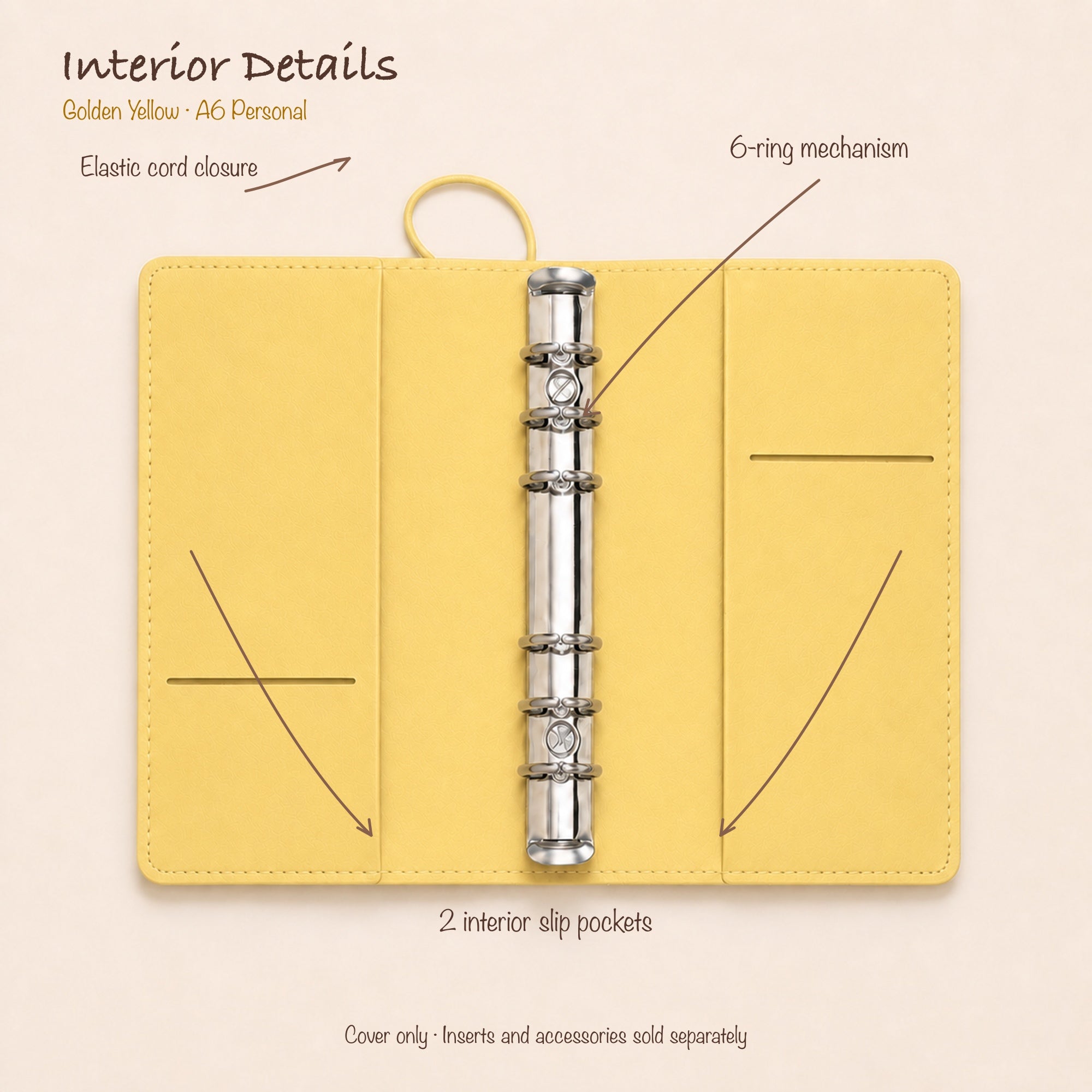 Butter Yellow A6 Personal planner binder open interior with two slip pockets and 20 mm six-ring mechanism
