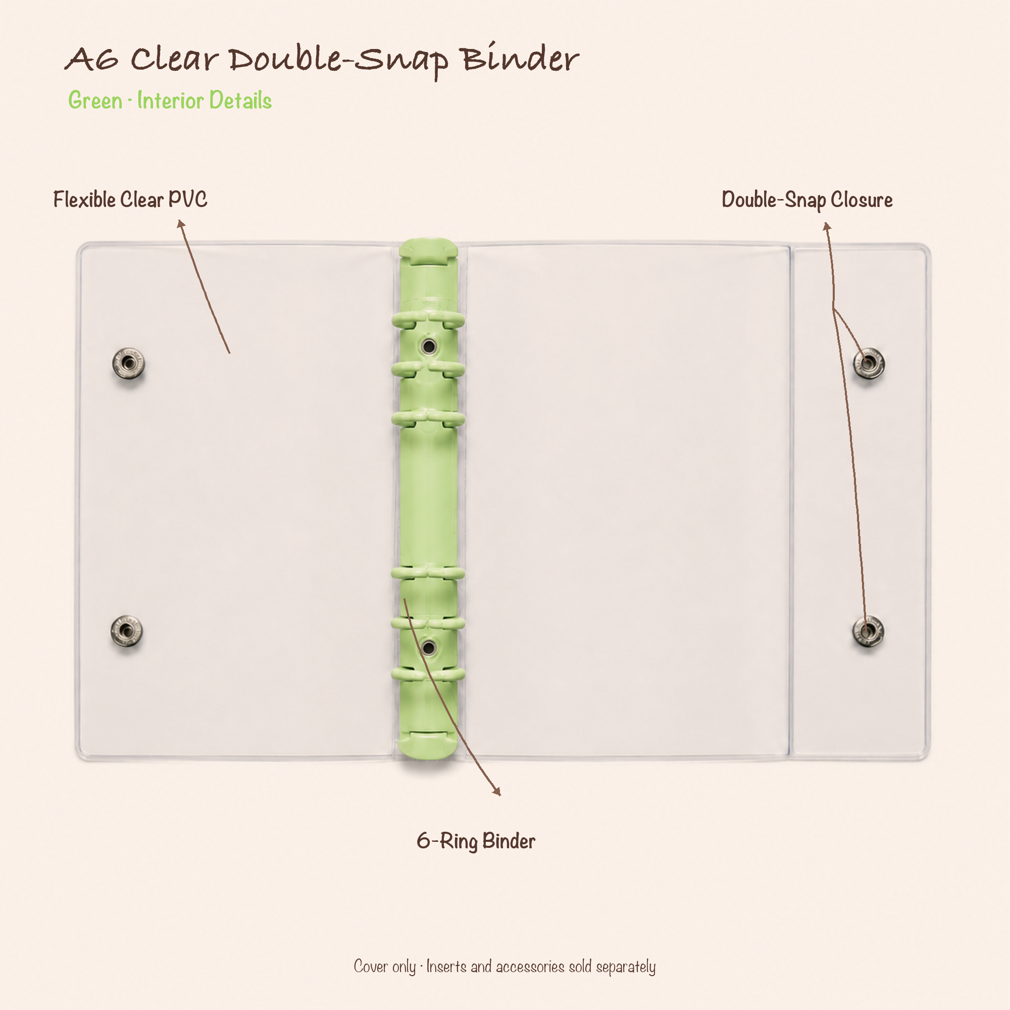 Opened Green A6 clear PVC planner binder showing six-ring mechanism and double-snap closure