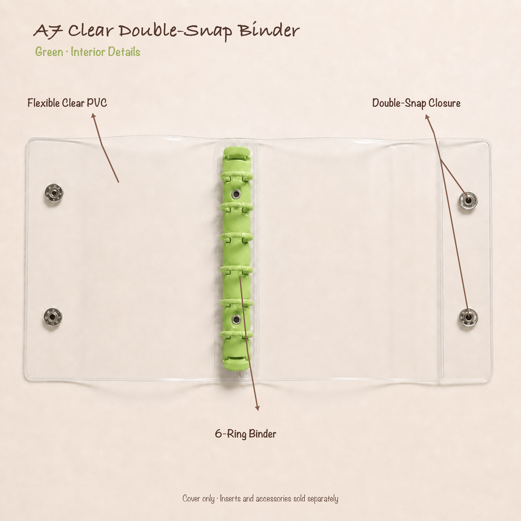 Opened Green A7 clear PVC planner binder showing six-ring mechanism and double-snap closure
