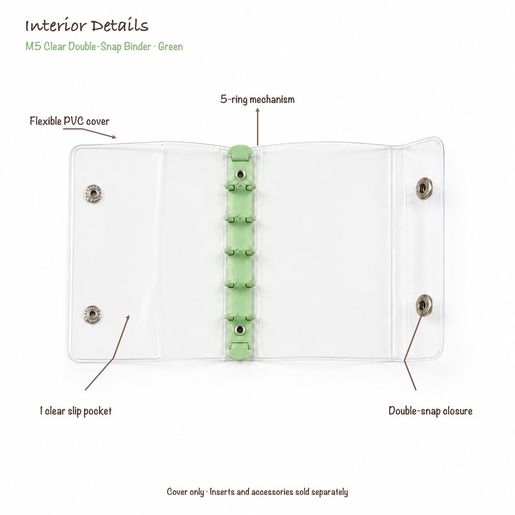 Opened Green M5 clear PVC binder showing flexible cover, five-ring mechanism, one slip pocket and double-snap closure