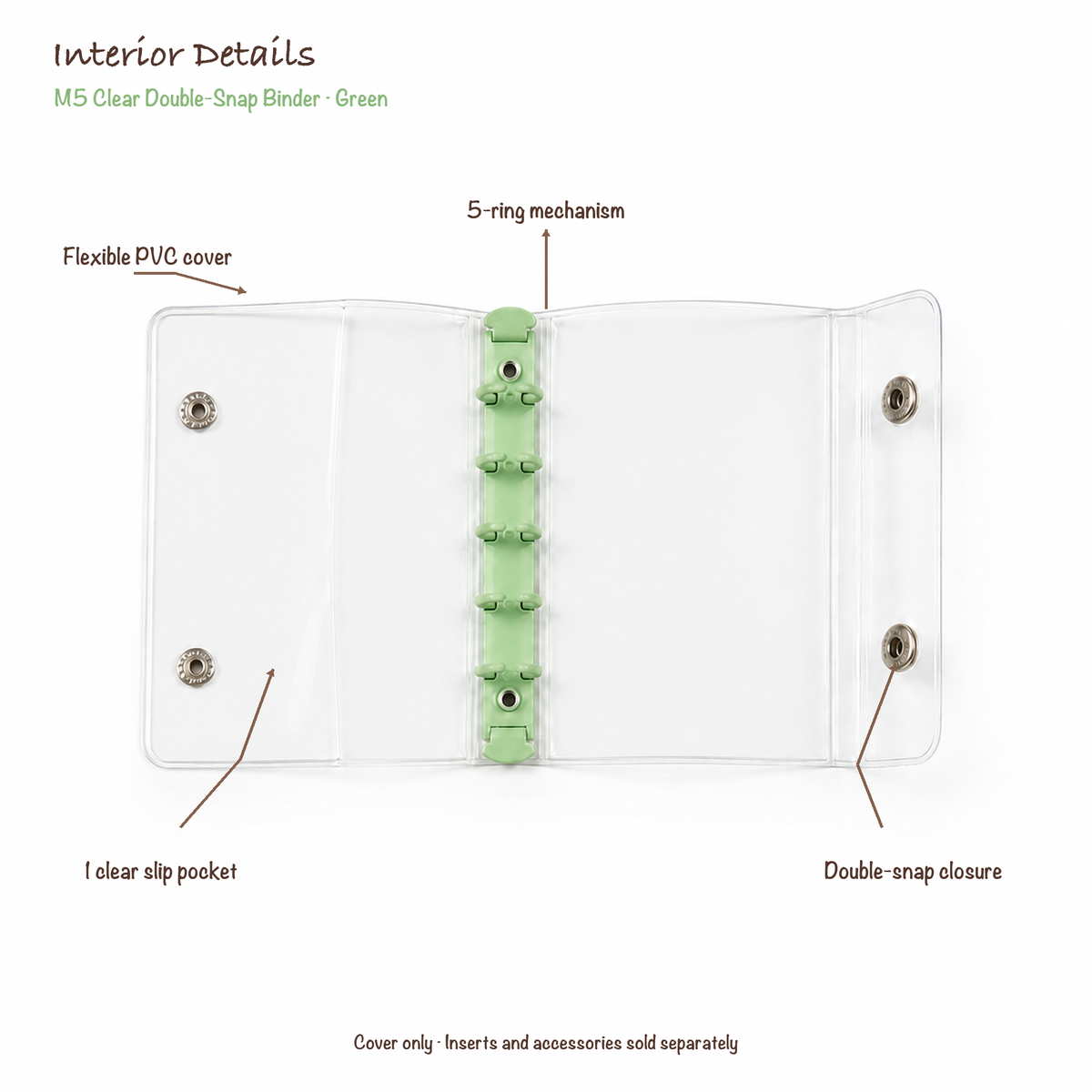 Opened Green M5 clear PVC binder showing flexible cover, five-ring mechanism, one slip pocket and double-snap closure