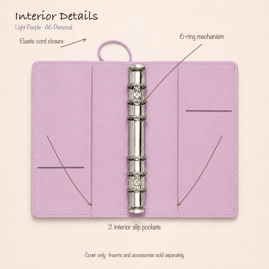 Light Purple A6 Personal planner binder open interior with two slip pockets and 20 mm six-ring mechanism