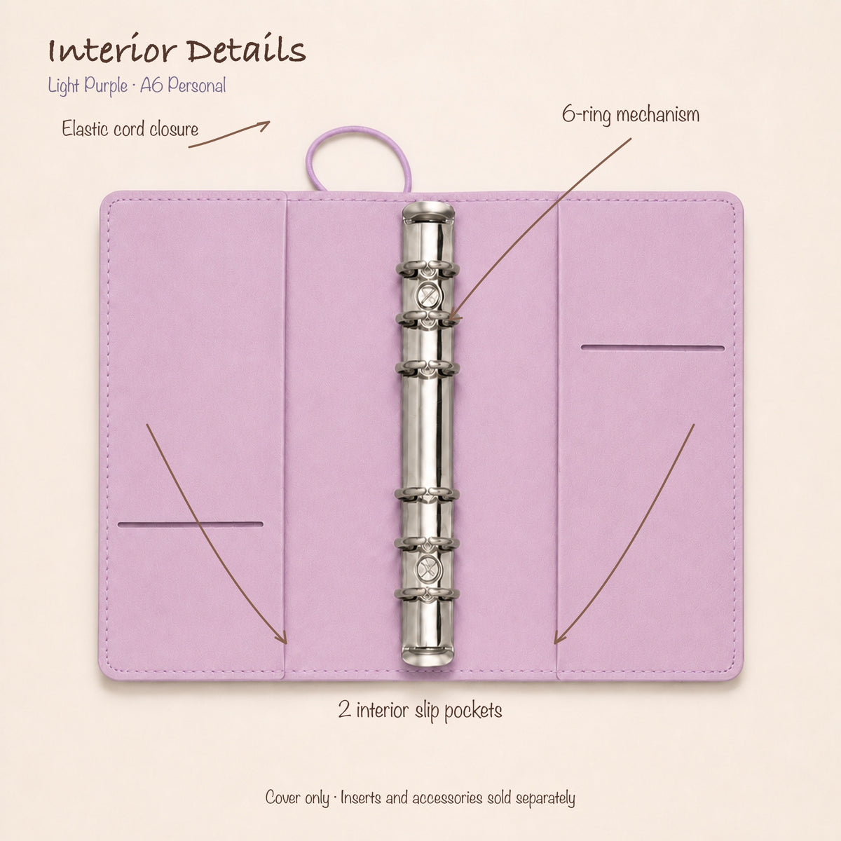 Light Purple A6 Personal planner binder open interior with two slip pockets and 20 mm six-ring mechanism