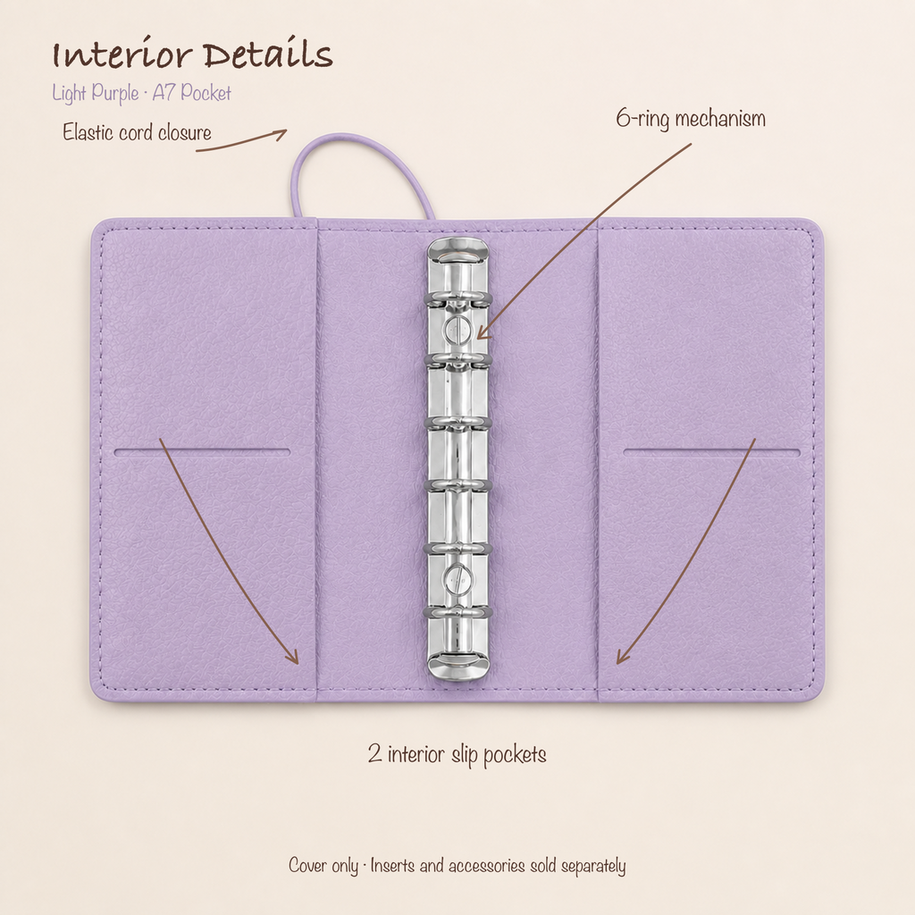 Light Purple A7 Pocket planner cover open with silver six-ring mechanism, elastic closure, and two interior slip pockets
