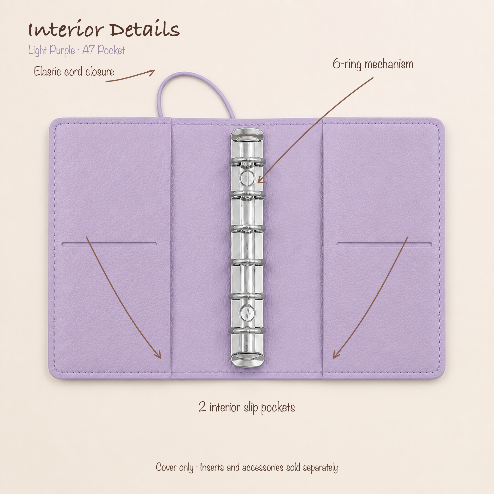 Light Purple A7 Pocket planner cover open with silver six-ring mechanism, elastic closure, and two interior slip pockets