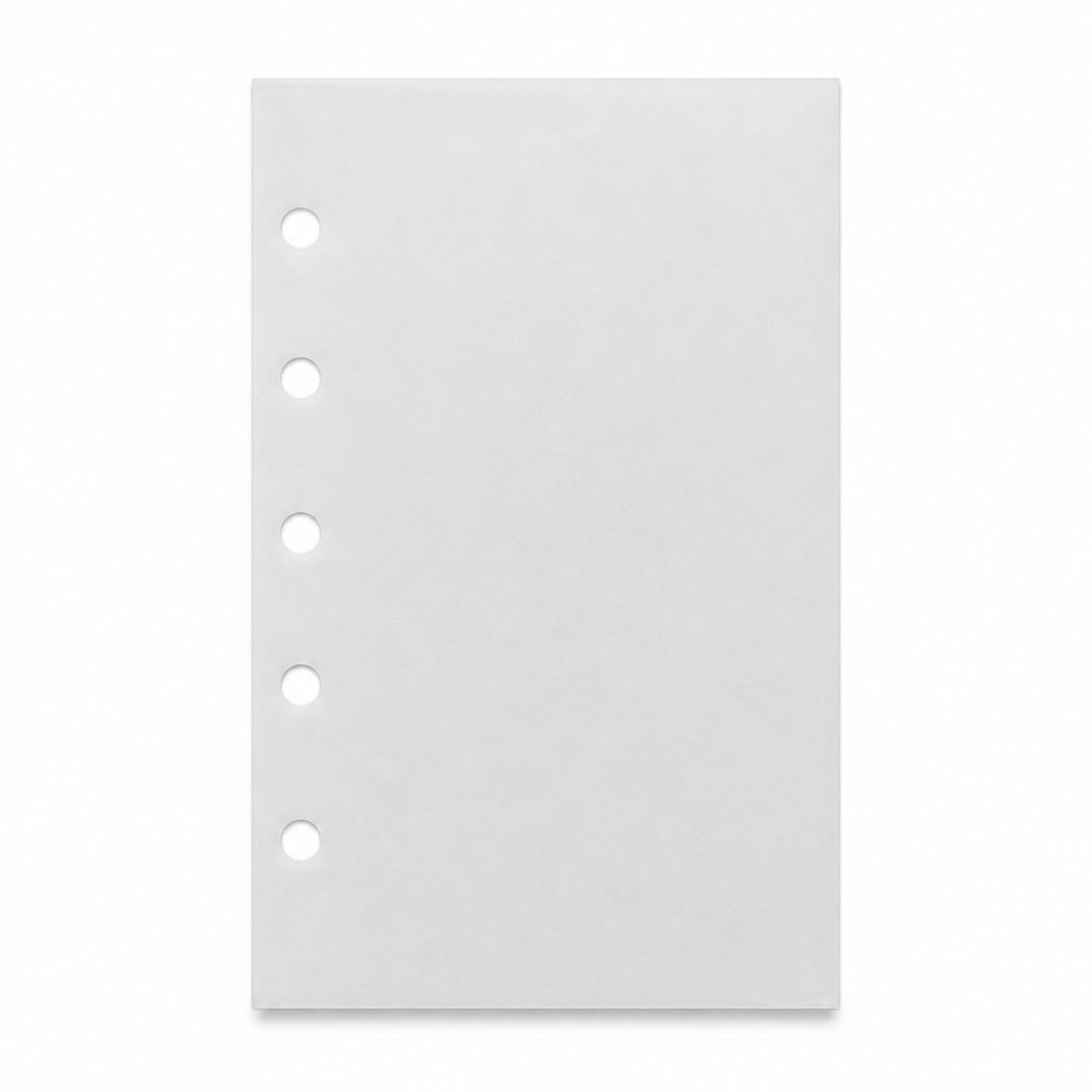 Single blank translucent M5 Mini 5 five-hole vellum planner refill sheet on a white background