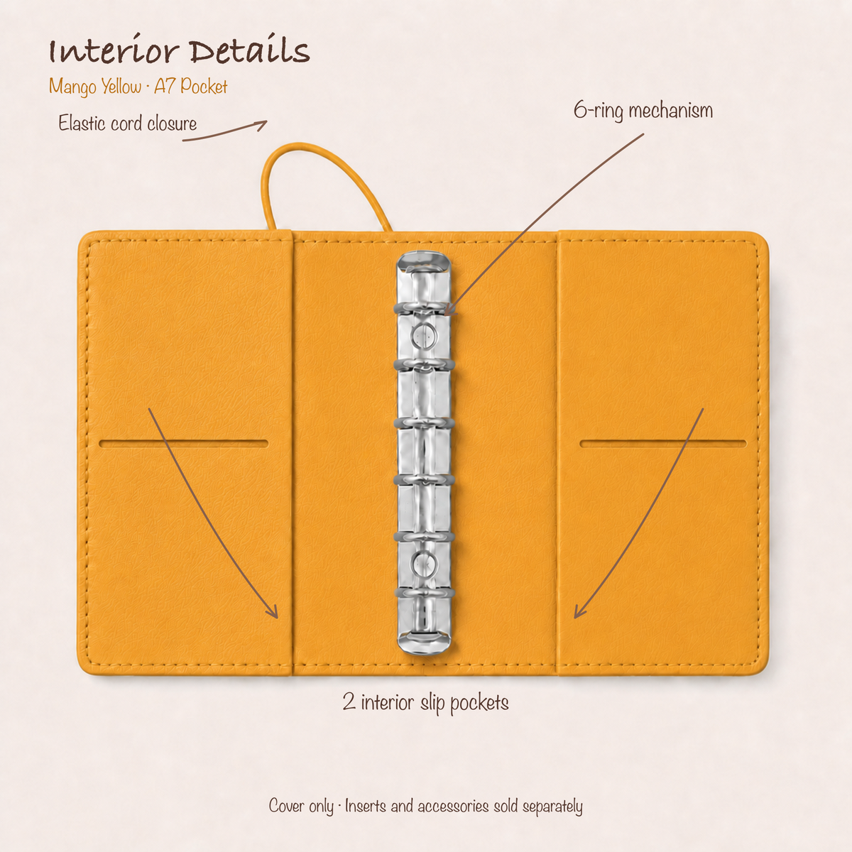 Mango Yellow A7 Pocket planner cover open with silver six-ring mechanism, elastic closure, and two interior slip pockets