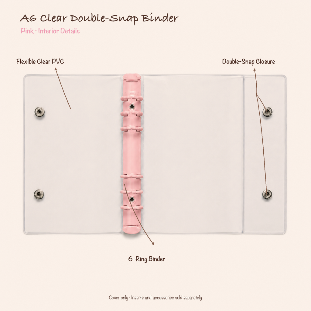 Opened Pink A6 clear PVC planner binder showing six-ring mechanism and double-snap closure