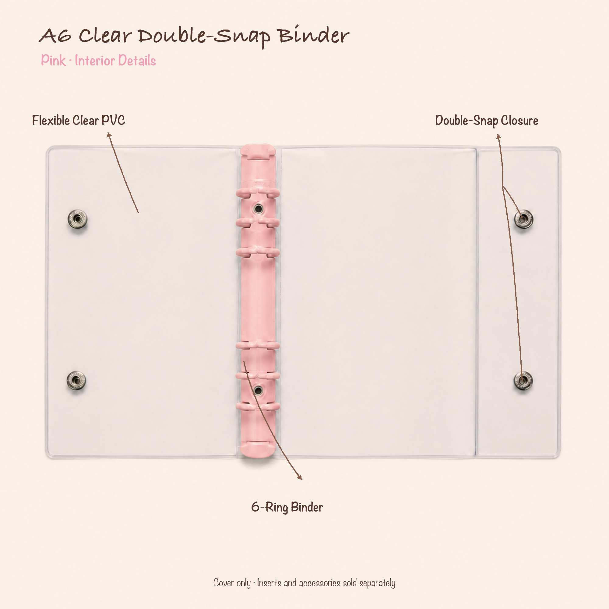 Opened Pink A6 clear PVC planner binder showing six-ring mechanism and double-snap closure