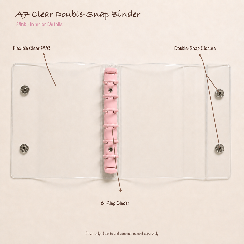 Opened Pink A7 clear PVC planner binder showing six-ring mechanism and double-snap closure
