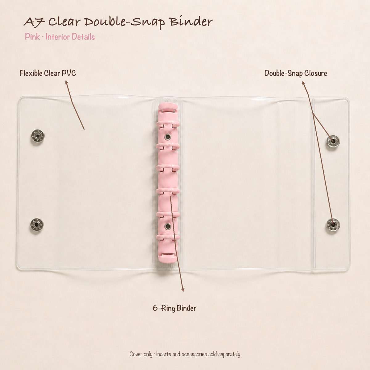 Opened Pink A7 clear PVC planner binder showing six-ring mechanism and double-snap closure