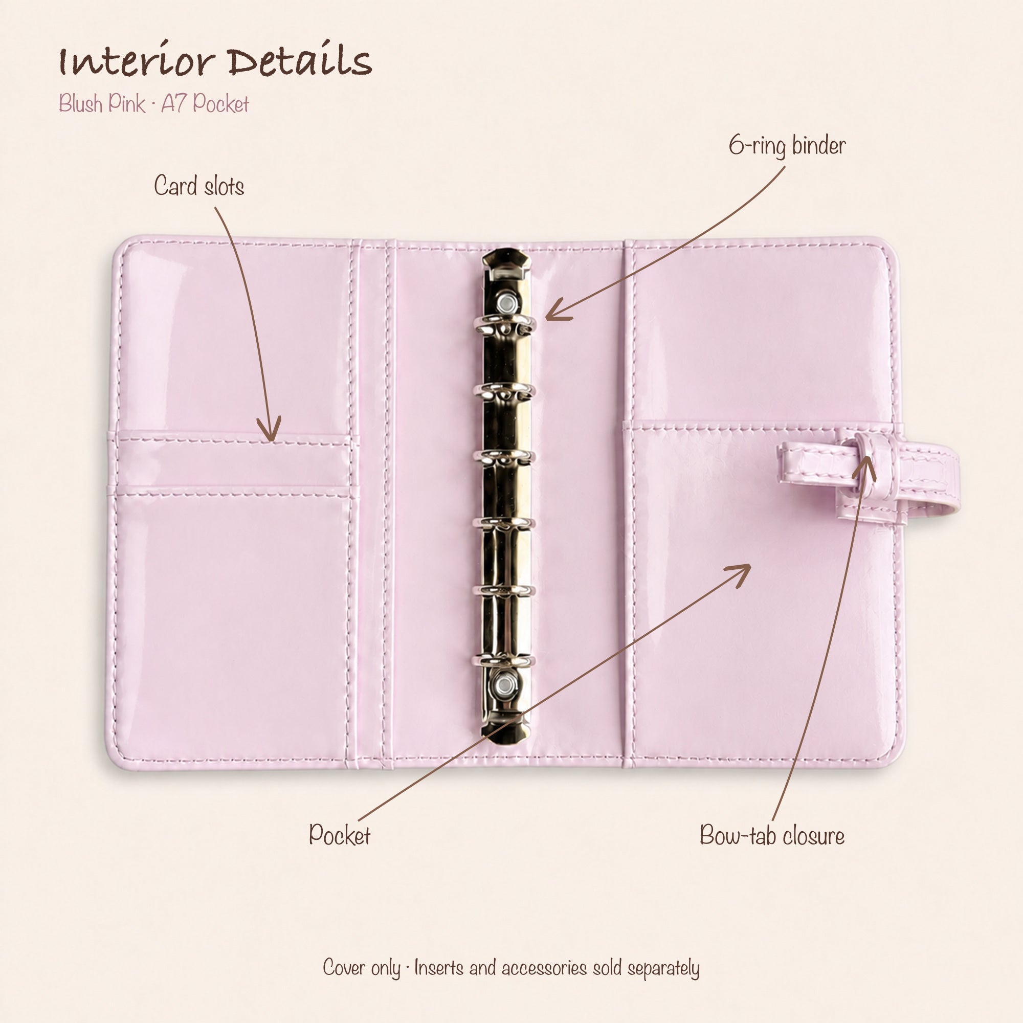 Opened blush pink bow A7 Pocket planner showing silver six-ring mechanism, two card slots and interior slip pockets