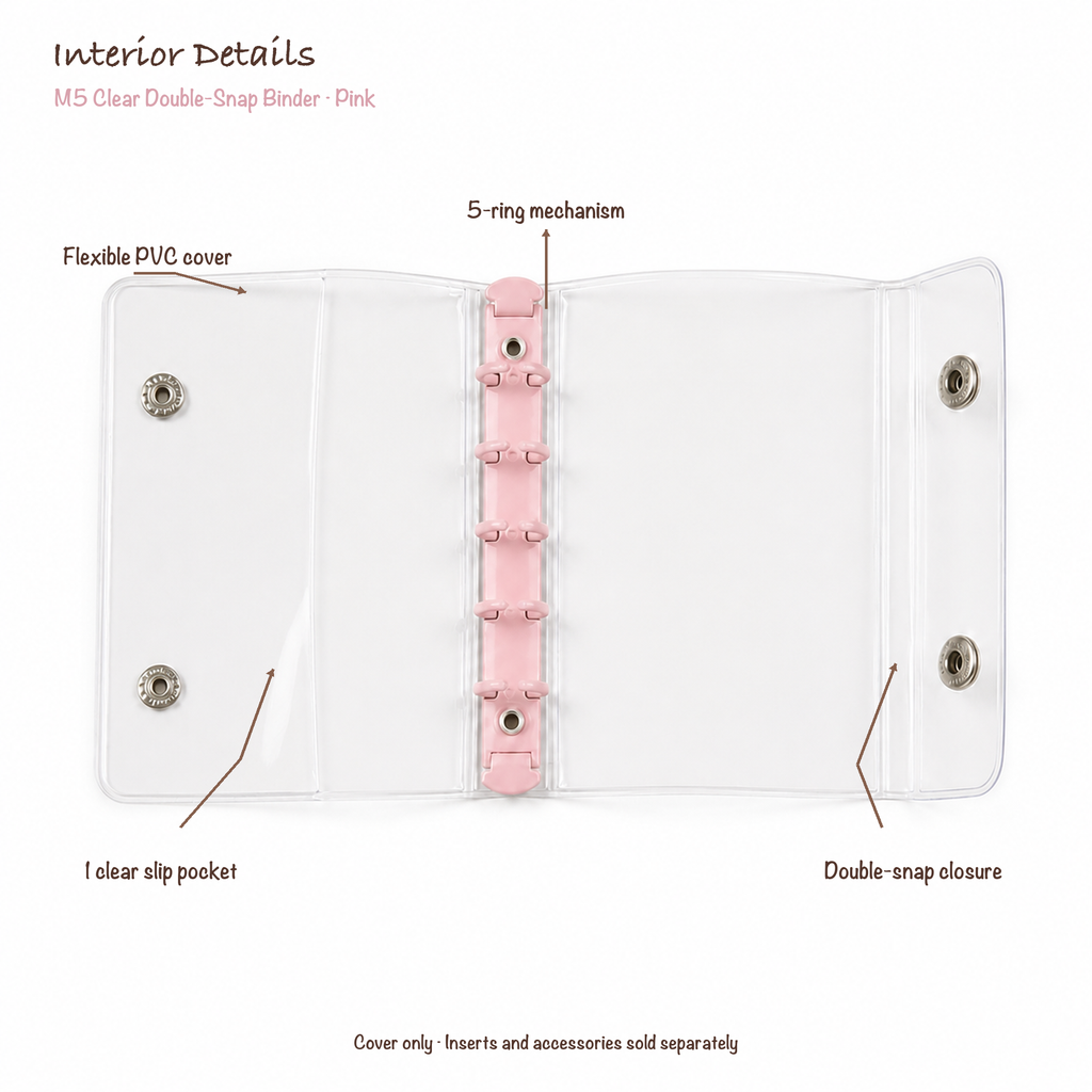 Opened Pink M5 clear PVC binder showing flexible cover, five-ring mechanism, one slip pocket and double-snap closure