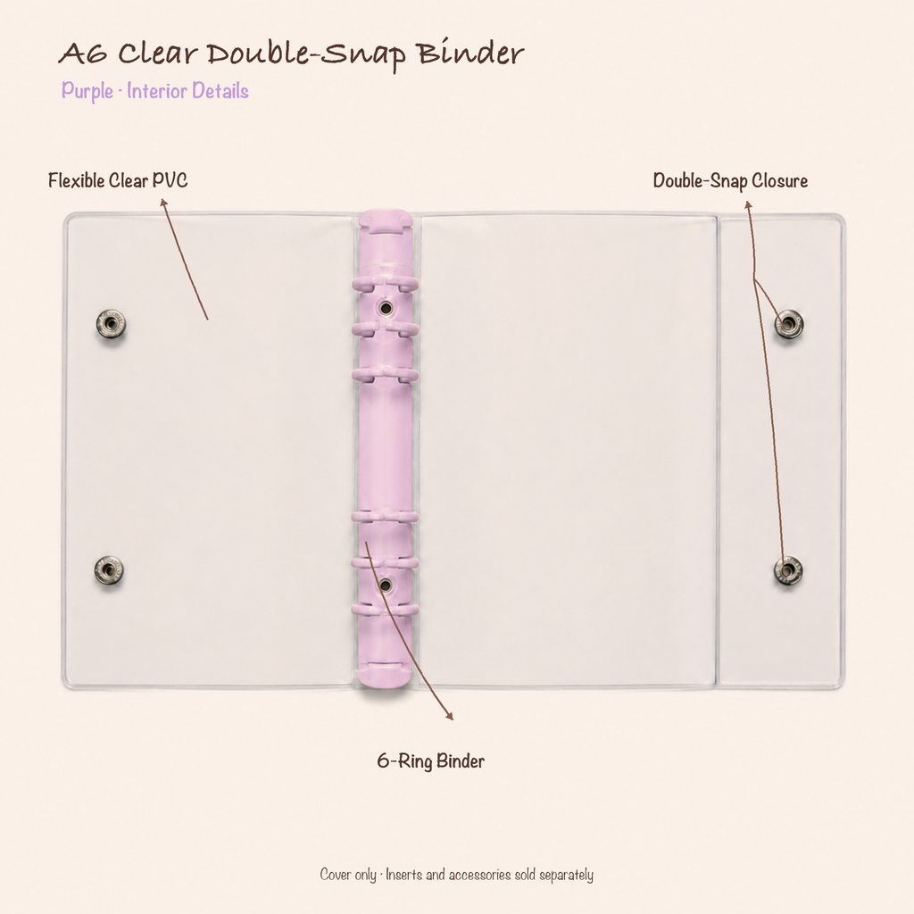 Opened Purple A6 clear PVC planner binder showing six-ring mechanism and double-snap closure