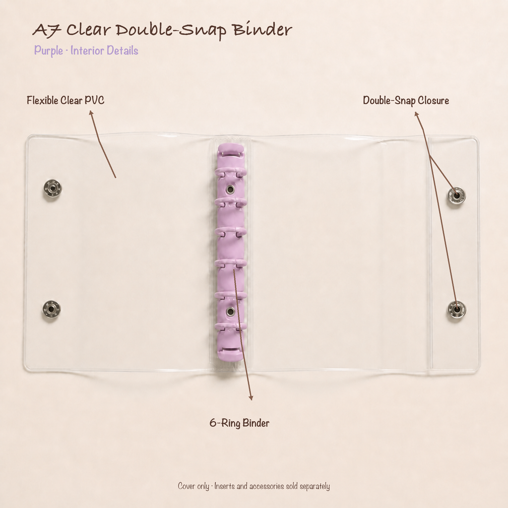 Opened Purple A7 clear PVC planner binder showing six-ring mechanism and double-snap closure