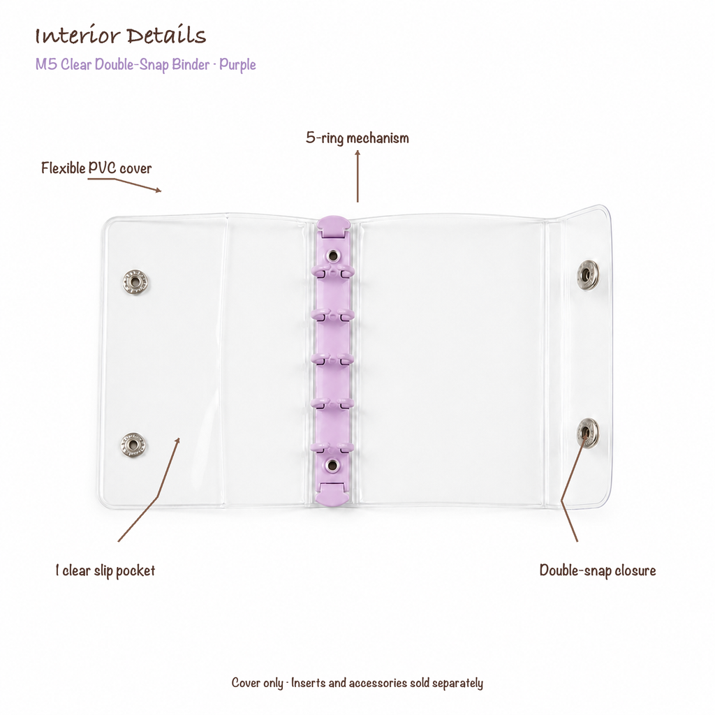 Opened Purple M5 clear PVC binder showing flexible cover, five-ring mechanism, one slip pocket and double-snap closure