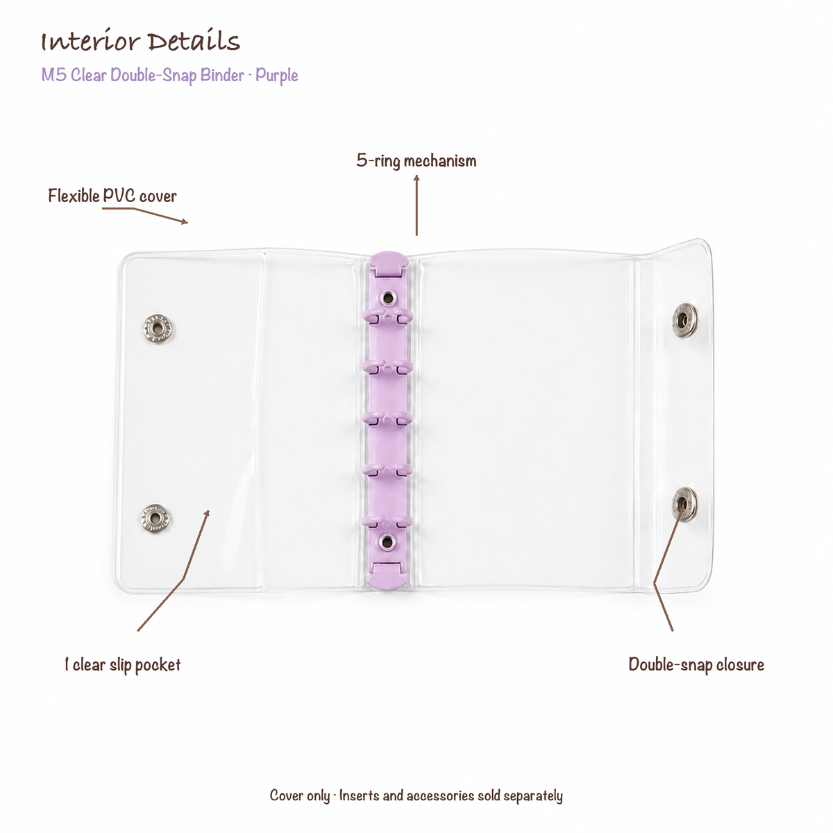 Opened Purple M5 clear PVC binder showing flexible cover, five-ring mechanism, one slip pocket and double-snap closure