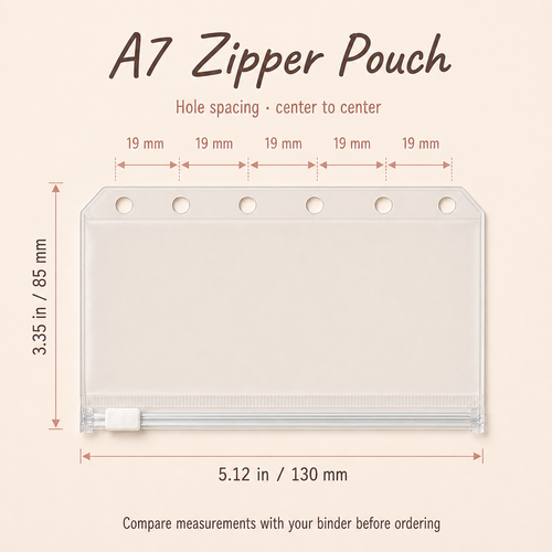 A7 zipper binder pocket size and evenly spaced six-hole guide