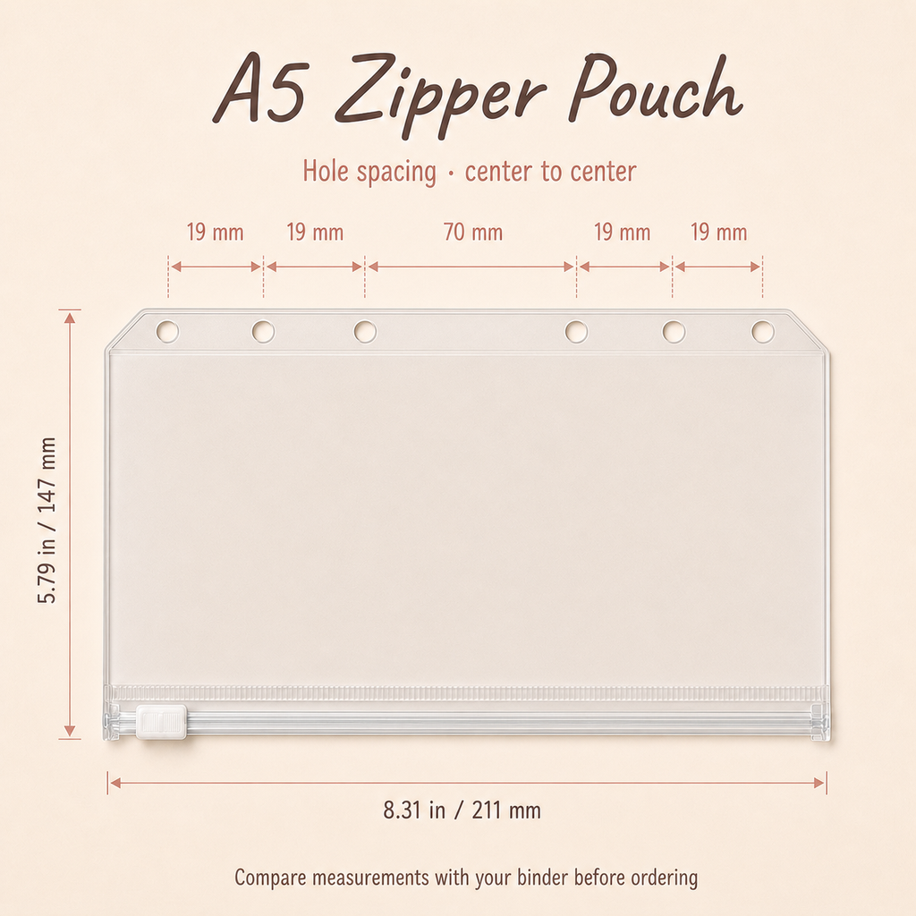 A5 — A5 zipper binder pocket size and six-hole spacing guide