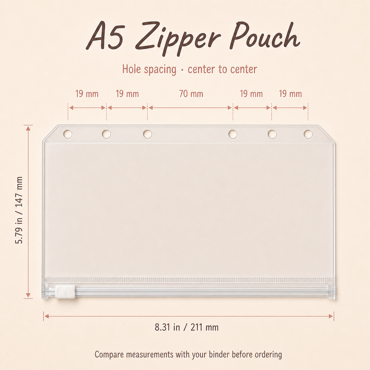 A5 clear zipper binder pocket details and size guide