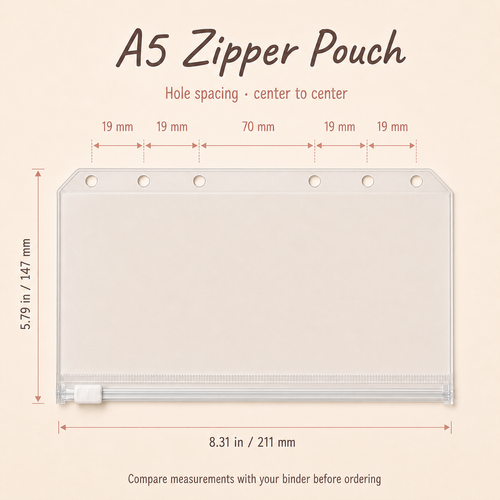 A5 zipper binder pocket size and six-hole spacing guide